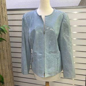 NWT Tesori Powder Blue crackled glazed Leather Jacket